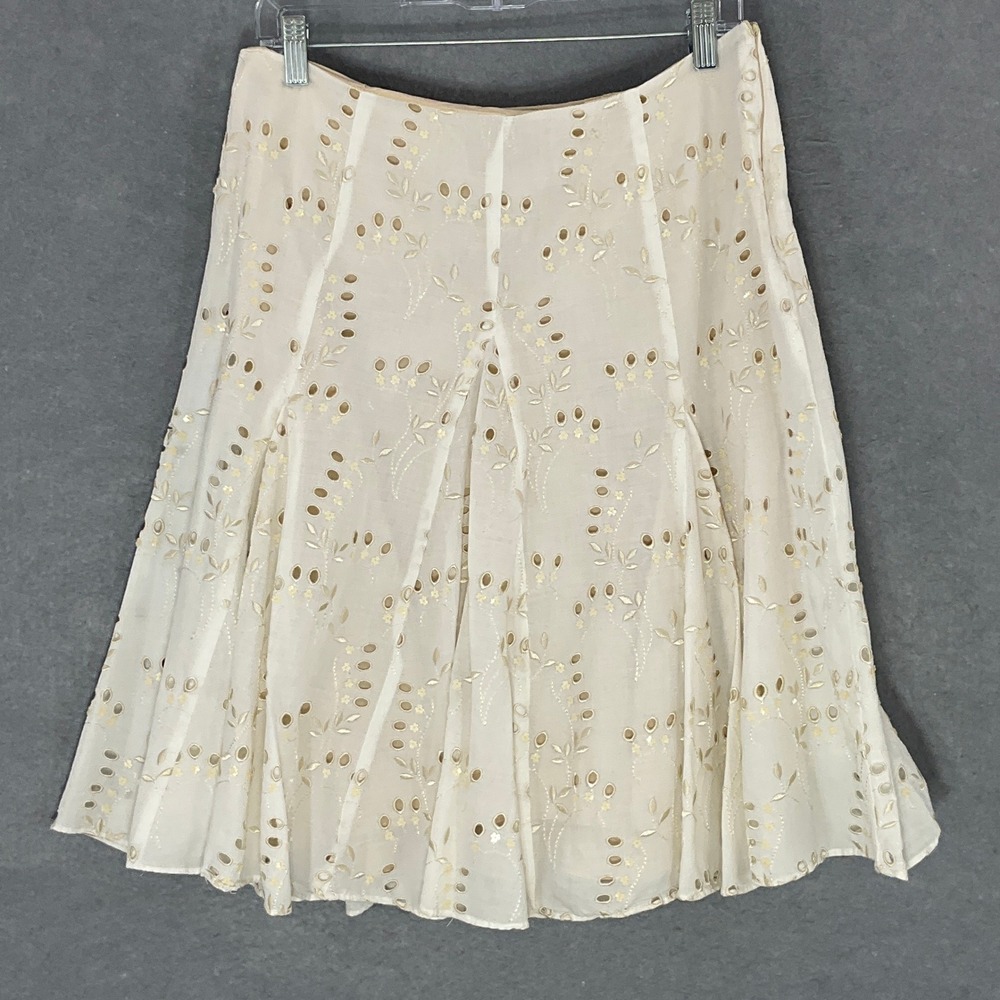 Vtg ICE Skirt A-Line Embroidered Floral Accent Beige 10 Feminine Romantic Boho